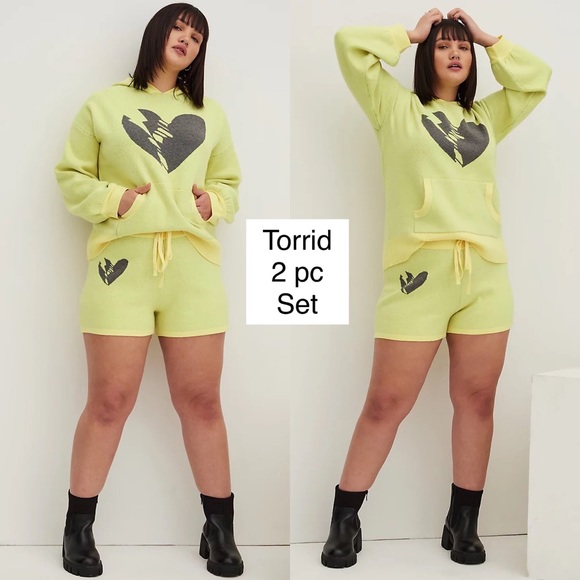 torrid Tops - TORRID Luxe Cozy Lovesick Sweater Hoodie & Shorts Set Neon Yellow